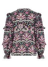 Load image into Gallery viewer, TRAMONTANA TOP RUFFLE FOLK TALES BLACK print blacks
