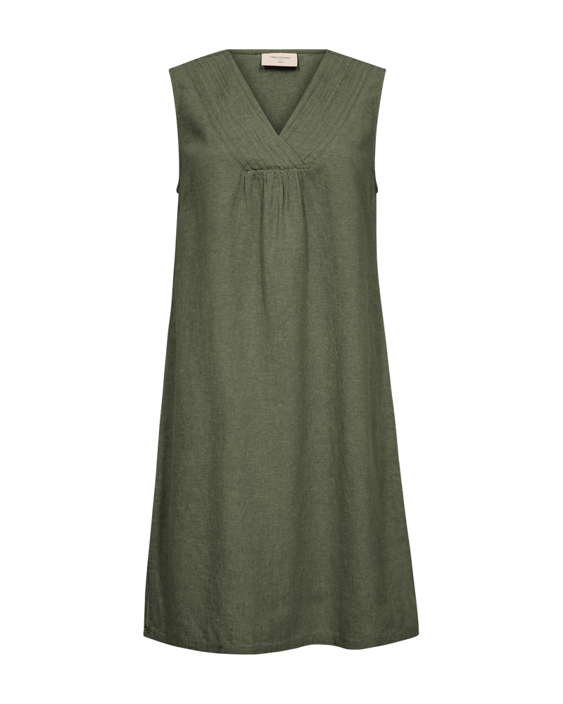 FREEQUENT LAVA DRESS V-NECK PINTUCKS DETAIL deep lichen green