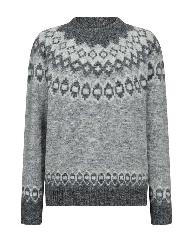 FREEQUENT PULLOVER NOVALA JACQUARD O-NECK med grey mel. w. dark grey mel.