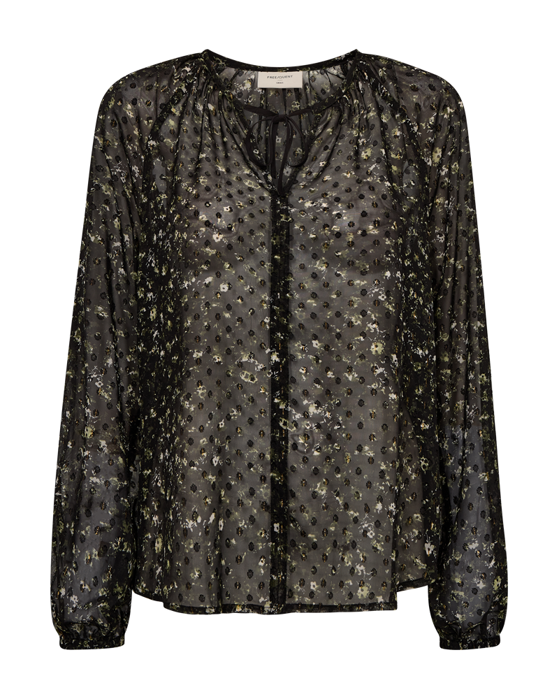 FREEQUENT BLOUSE SANDA PRINTED DOBBY FABRIC black w. kombu green