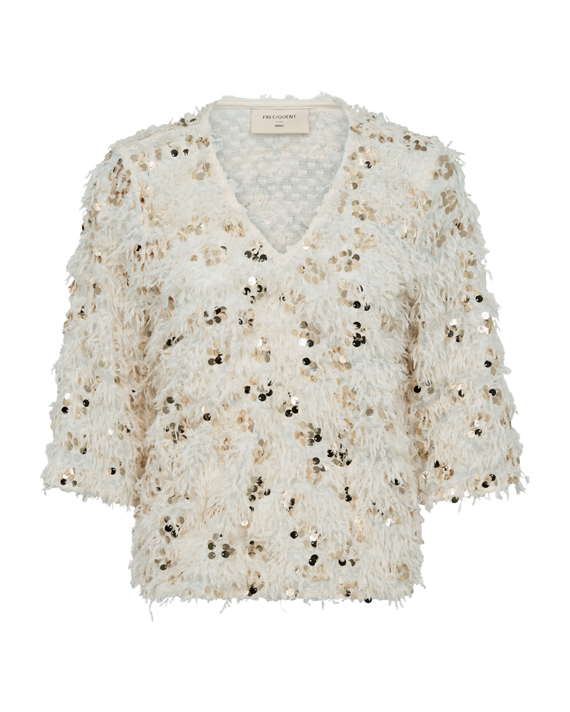 FREEQUENT SHIRT NOLLA JERSEY WITH SEQUIN AND FEATHER YARN moonbeam w. gold